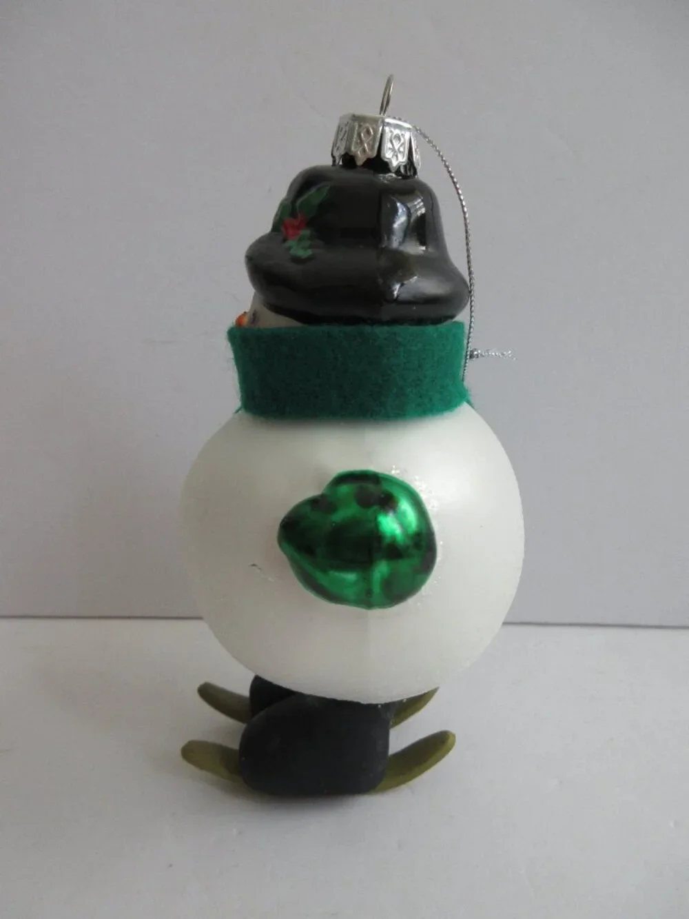 Snowman on Skis Glass Christmas Ornament Wearing Green Felt Scarf 5